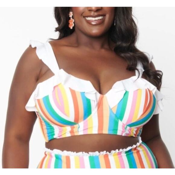 Unique Vintage Retro Rainbow Stripe Push Up UW Swim Bikini Top 1X NWOT - Picture 1 of 5